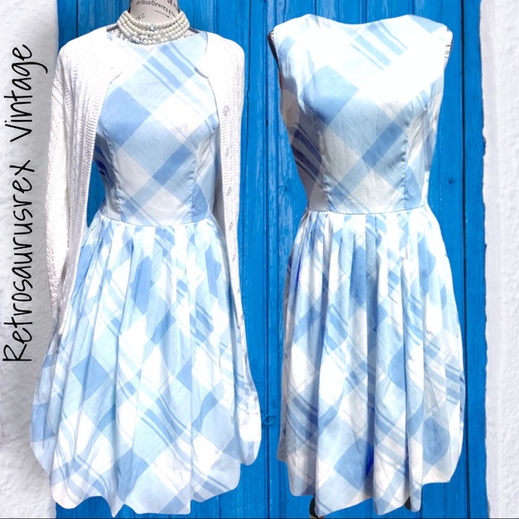 Vintage 1950’s Blue & White Plaid Sleeveless Circle Skirt Dress, Dress de Ville - Picture 3 of 8